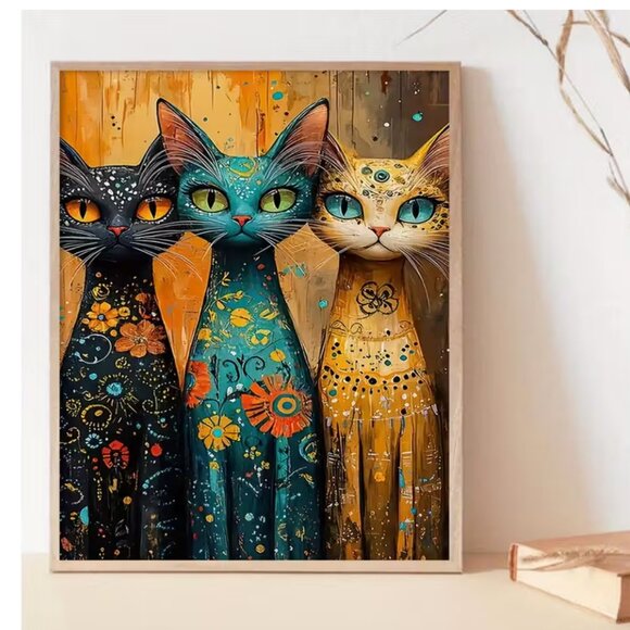 Other - Cat Trio Long-Neck Cat Canvas Print Whimsical Unframed Floral & Folk Art Pattern
